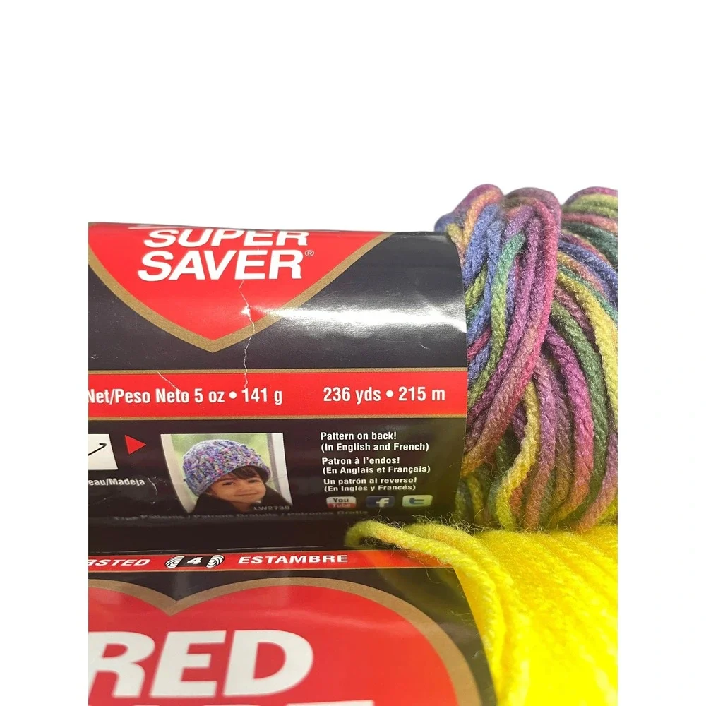 Red Heart Super Saver Yarn Lot 5 Skeins Worsted Multi Color Blue Yellow Purple